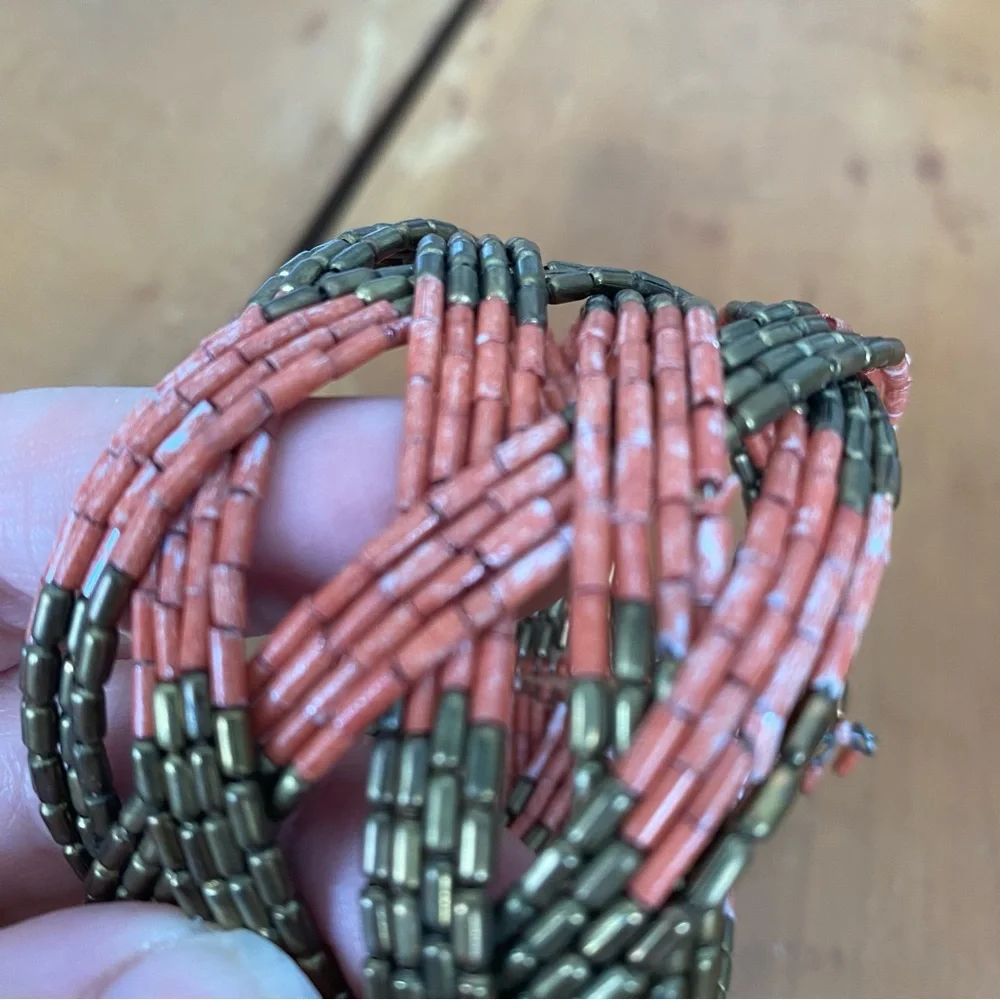 Salmon pink and bronze-gold Multicolor Seed Beaded Cuff Bracelet, 2-inches wide